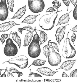 Pear seamless pattern. Hand drawn vector garden fruit illustration. Engraved style garden retro botanical background.