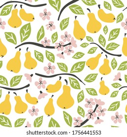 pear seamless pattern. pear on brunch, fruit flowers. Summer background. Wallpaper or print, packaging or paper, textile design. doodle flat Vector