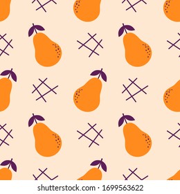 Pear seamless pattern. Orange and purple colors. Bright autumn background. Vector illustration 