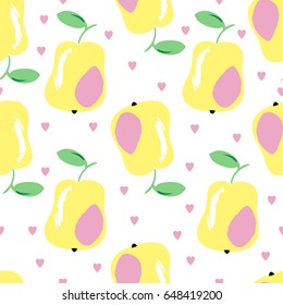 Pear seamless pattern with pink hearts ornament. Vector background for home interior elements, wallpaper, textile, scrapbook, wrapping, etc.