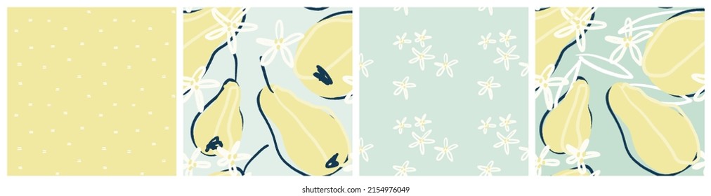 Pear seamless pattern set with abstract fruit and flower graphic. Soft yellow and mint kitchen textile vector design.