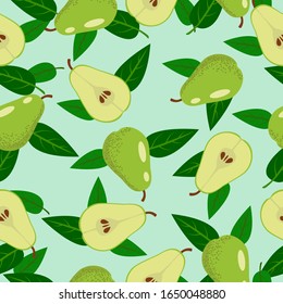 
Pear seamless pattern. Summer vector background with pear and leaves on a blue background. For design of fabrics, packaging and wallpapers.