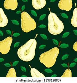 Pear seamless pattern with vintage style botanical hand drawn illustration on a light green background. Can use for fabric, fashion, cafe, restaurant, & fruits market.