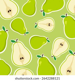 Pear seamless pattern with white outline and green background. Fresh fruit cartoon. For wallpaper, summer, autumn, paper wrapping kid decoration and fashion fabric