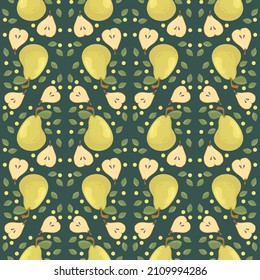 Pear seamless pattern. Yellow pears on a green background. Fabric and textiles for the home. Background.