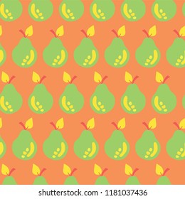 Pear seamless vector pattern background. Green an yellow hand drawn pears on peach orange. Great for fabric, paper, packaging, home decor, kitchen decor, flyer, bar menu, summer party, farmers market