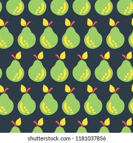 Pear seamless vector pattern background. Green an yellow hand drawn pears on black. Great for fabric, paper, packaging, home decor, kitchen decor, flyer, bar menu, summer party, farmers market, juice