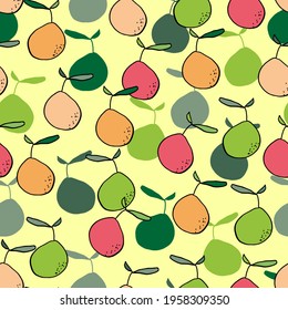pear seamless vector pattern. Colored pears with silhouettes and shadows with leaves and dots on a colored background