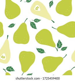 Pear seamless vector pattern. Summer hand drawn vector fruit background. Trendy childish pattern with berries for nursery, prints, textile and decoration design. Simple vector organic illustration