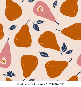 Pear seamless vector pattern. Summer hand drawn vector fruit background. Trendy childish pattern with berries for nursery, prints, textile and decoration design. Simple vector organic illustration