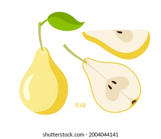 Juego de orejas. Icono plano fruta de pera amarilla con hoja, corte, segmento. Logo del mercado agrícola. Plantilla ecológica para menú, etiqueta de mermelada y zumo, banner para té, productos de fruta, pancarta