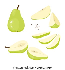Pear. Set of fresh whole, half, cut slice pear fruits isolated on white background. Vector illustration