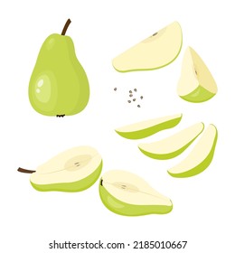 Pear. Set of fresh whole, half, cut slice pear fruits isolated on white background. Vector illustration