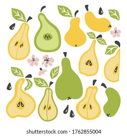 pear set. Fruit whole chopped half quarter cut slices pear leaves. cartoon doodle collection. Hand drawn vector illustration