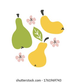 pear set. Fruit whole pear leaves and flowers. cartoon doodle collection. Hand drawn vector illustration