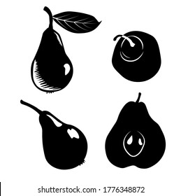 Juego de orejas. Ilustración vectorial de peras dibujadas a mano aislada en fondo blanco. Frutos de otoño negros monocromos. Grabación de orejas. La fruta se corta a la mitad. Plantilla para imprimir.