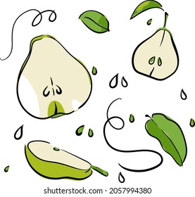 conjunto de pera, dibujado a mano, línea, contorno, dibujo de pera, fondo, detalles, decoración, elementos, vector, ilustración, fruta, cocina, postre, verde, salud, vegetal, vegetariano
