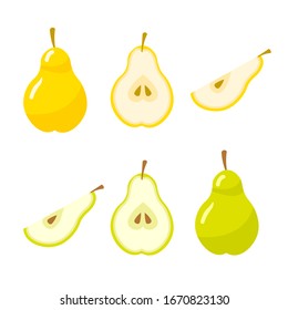 Par aislado sobre fondo blanco. Diferentes cortes. Fruta entera, media y cuarta parte. Iconos vectoriales.