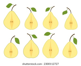 Pear set isolated on white background. Pear halves with one leaf. Cutaway pear icons collection. Design for printing on fabric, banners and promotional items. Vector illustration