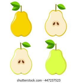 Pear set - the whole and half of fruit. Yellow and green, on the white background