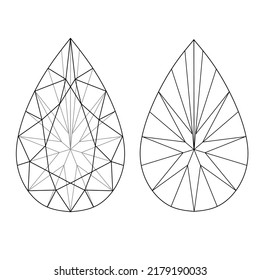 Pear shaped diamond cut shape and design diagrams vector illustration, isolated on white background. Diamond line drawing on white background