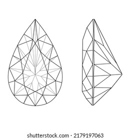 Pear Shaped Diamond Cut Shape And Design Diagrams Vector Illustration, Isolated On White Background. Diamond Line Drawing On White Background