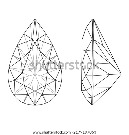 Pear shaped diamond cut shape and design diagrams vector illustration, isolated on white background. Diamond line drawing on white background