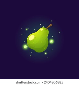 Pear with shining stars decoration. Glowing fruit. Game design ui element for prize, bonus and reward. Casino slot icon, gambling machine element. Cartoon vector illustration on dark background.