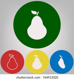 Pear sign illustration. Vector. 4 white styles of icon at 4 colored circles on light gray background.