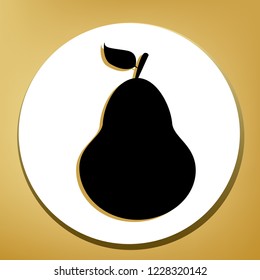 Pear sign illustration. Vector. Black icon with light brown shadow in white circle with shaped ring at golden background.