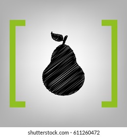 Pear sign illustration. Vector. Black scribble icon in citron brackets on grayish background.