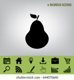 Pear sign illustration. Vector. Black icon at gray background with bonus icons at celery ones