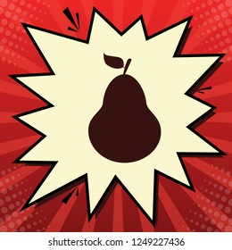 Pear sign illustration. Vector. Dark red icon in lemon chiffon shutter bubble at red popart background with rays.