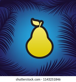 Pear sign illustration. Vector. Golden icon with black contour at blue background with branches of palm trees.