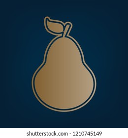 Pear sign illustration. Vector. Golden icon and border at dark cyan background.
