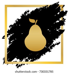 Pear sign illustration. Vector. Golden icon at black spot inside golden frame on white background.