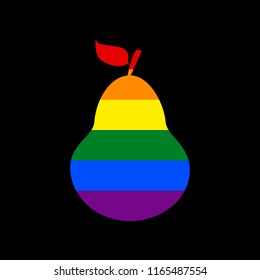 Pear sign illustration. Vector. Icon with colors of LGBT flag at black background.