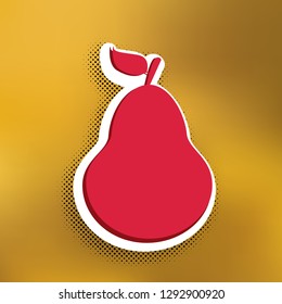 Pear sign illustration. Vector. Magenta icon with darker shadow, white sticker and black popart shadow on golden background.