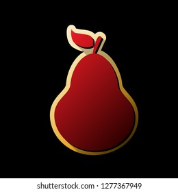Pear sign illustration. Vector. Red icon with small black and limitless shadows at golden sticker on black background.