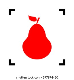 Pear sign illustration. Vector. Red icon inside black focus corners on white background. Isolated.