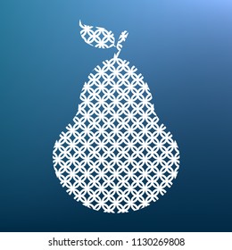 Pear sign illustration. Vector. White textured icon at lapis lazuli gradient background.