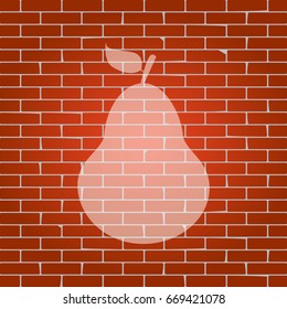 Pear sign illustration. Vector. Whitish icon on brick wall as background.