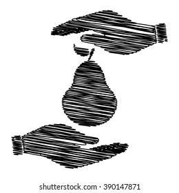 Pear sign. Save or protect symbol by hands with scribble effect.