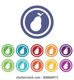 Pear signs set, on colored circles, isolated on white