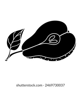 Pear silhouette icon. Minimalistic simple fruit element. Sliced black pear with leaves Isolated illustration. Half pear silhouette, Inversion vector illustration. 