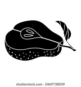 Pear silhouette icon. Minimalistic simple fruit element. Sliced black pear with leaves Isolated illustration. Half pear silhouette, Inversion vector illustration. 