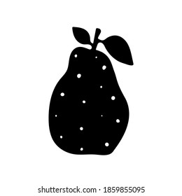 Pear silhouette with leaves and white dots.
Hand made linocut and then vectorized. Isolated vector image on white background. For Wall decor, fabric print, wrapping paper, stamps. 