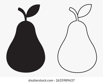 Pear silhouette and outline draw autumn fruits with leaves and gloss logos,