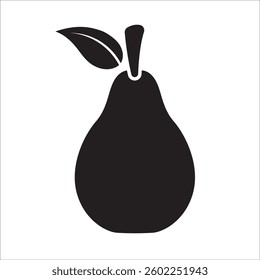A pear silhouette with a rounded bottom and a tapered top, complete with a curved stem and a single leaf.
