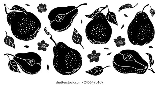 Pear silhouettes set. Minimalistic simple fruit element. Whole and Sliced pears with seeds, flowers and leaves. Isolated on a white background. Black silhouettes vector illustration